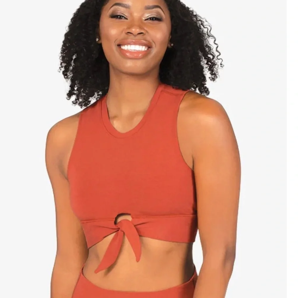 Mariia Burnt Orange Rust Active Crop Top tie front and Biker Shorts adult XS NWT